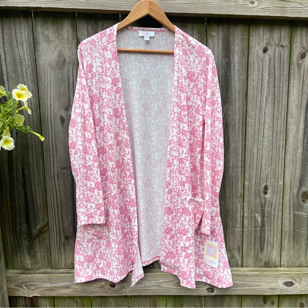 Lularoe Caroline Women’s Pink Floral Open Front Cardigan Size L